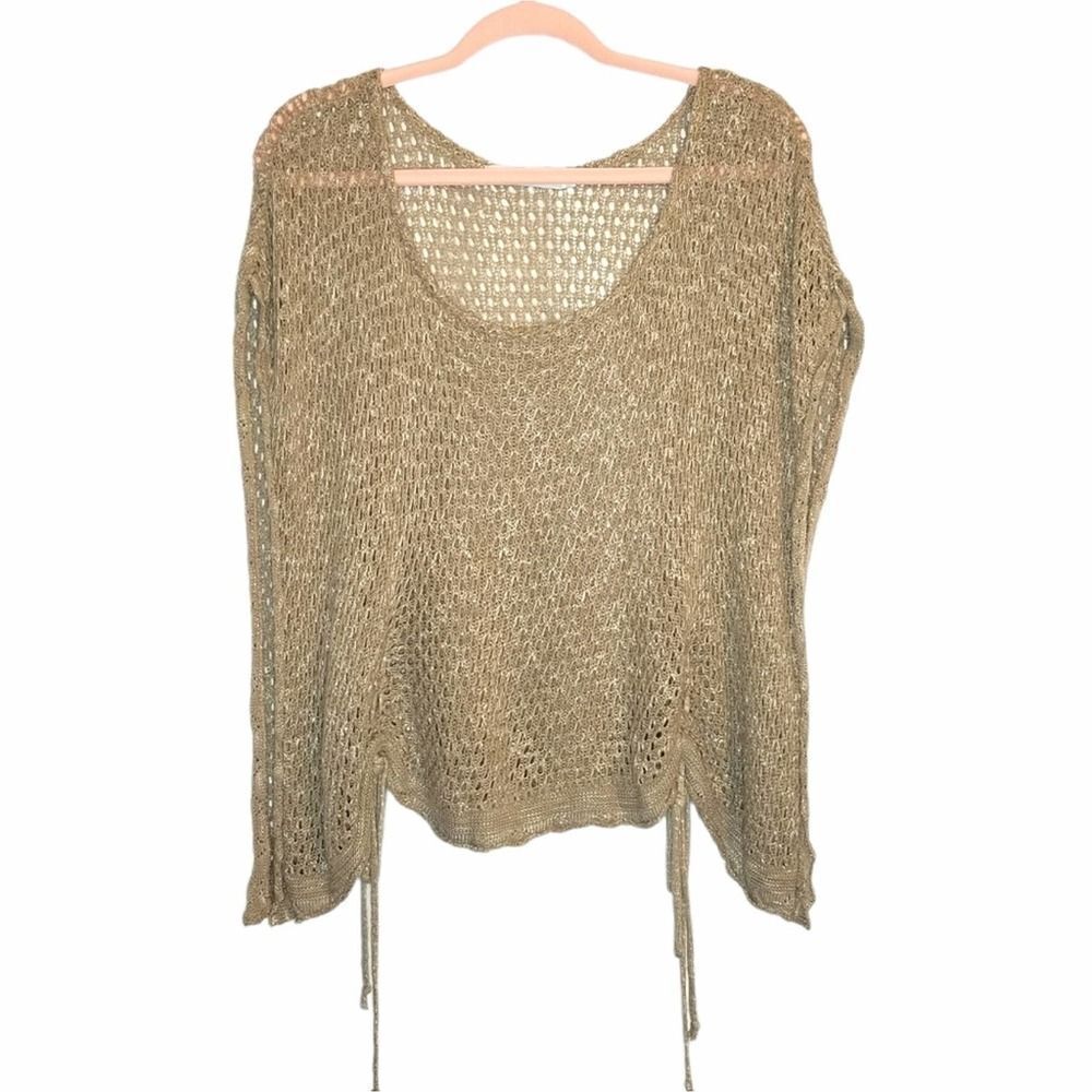 Cotton Emporium Tan Crochet Mesh Drawstring Poncho